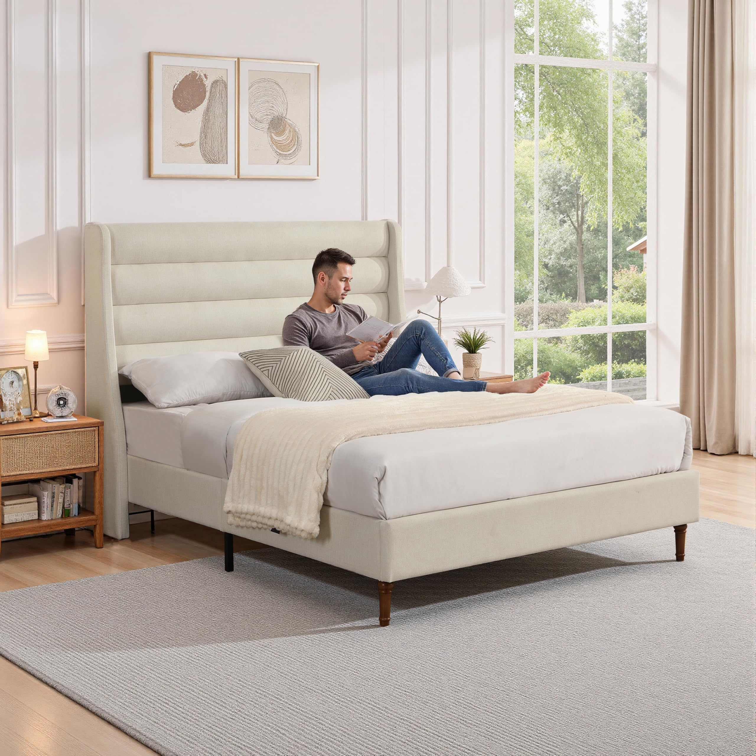 Queen Platform Bed with Wave Headboard - Ivory Chenille