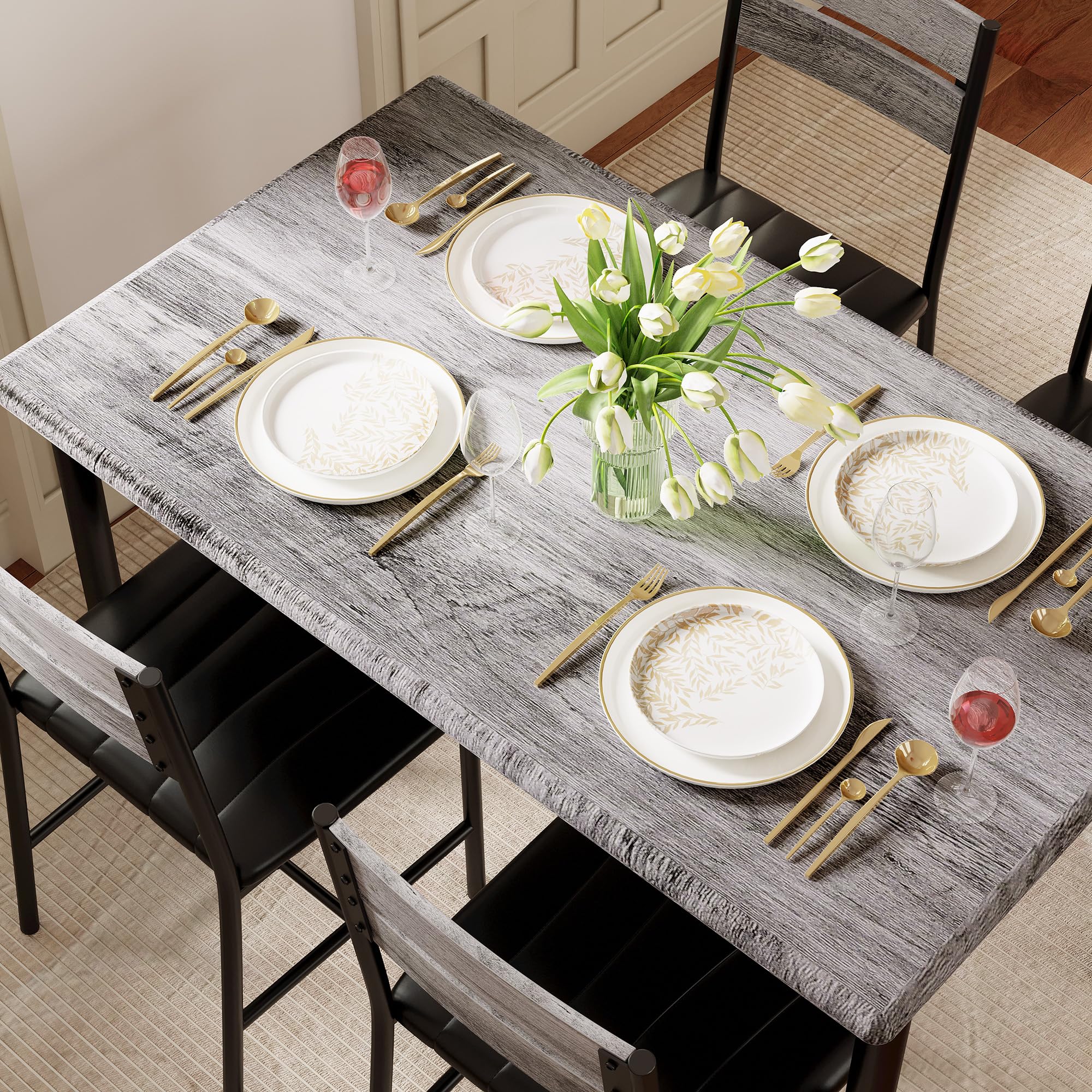 4-Piece Dining Table Set with Upholstered Chairs - Grey Wood Kitchen Table