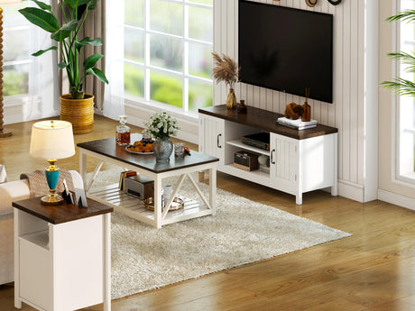 ChooChoo Farmhouse TV Stand, Wood Grooved Door Entertainment Center with Storage Cabinets and Open Shelves, Rustic Media Console up to 55 inches for Living Room, Bedroom, White