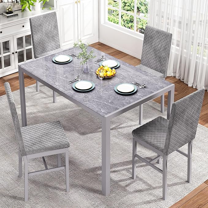 Dining Room Table Set for 4, 5-Piece Kitchen Table Chairs Set of 4, Glass Dining Table & PU Leather Chairs,