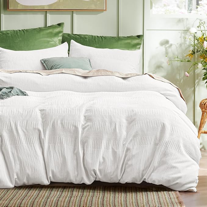 Waffle Comforter Set Queen, Beige Boho Bedding Comforter Set for All Seasons