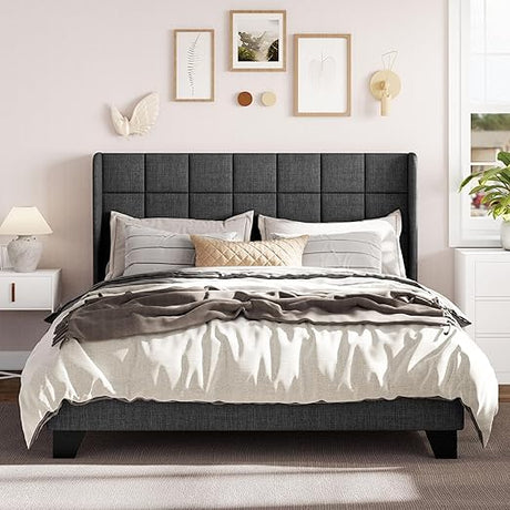 Queen Size Platform Bed Frame with Wingback, Fabric Upholstered Square Stitched