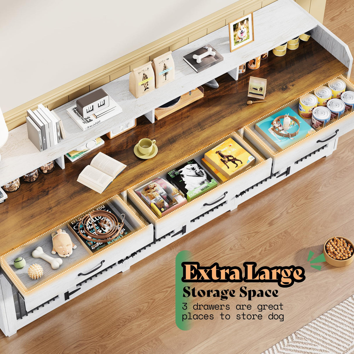 95" Dog Crate Furniture with Storage - 3-Room Wooden Kennel TV Stand