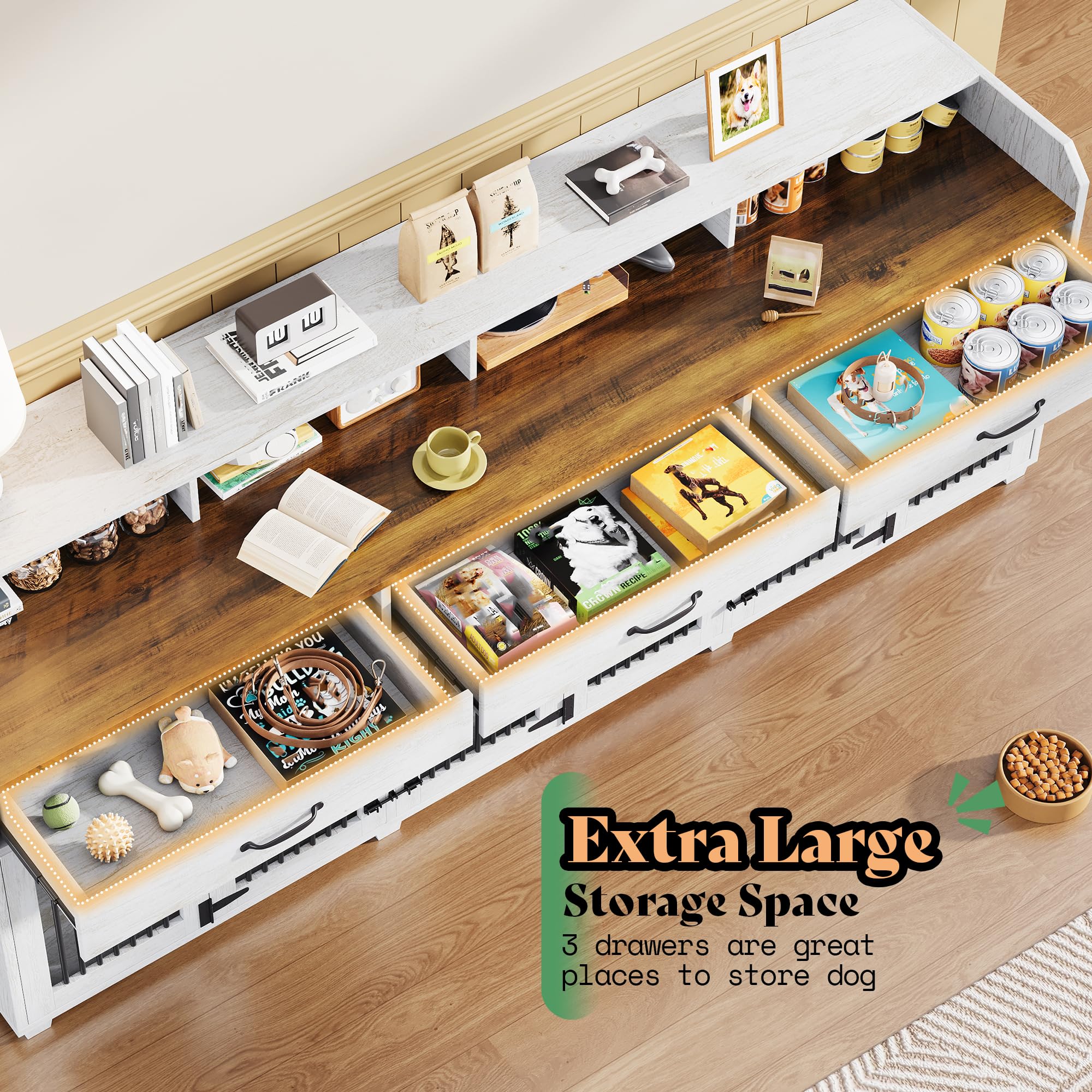 95" Dog Crate Furniture with Storage - 3-Room Wooden Kennel TV Stand