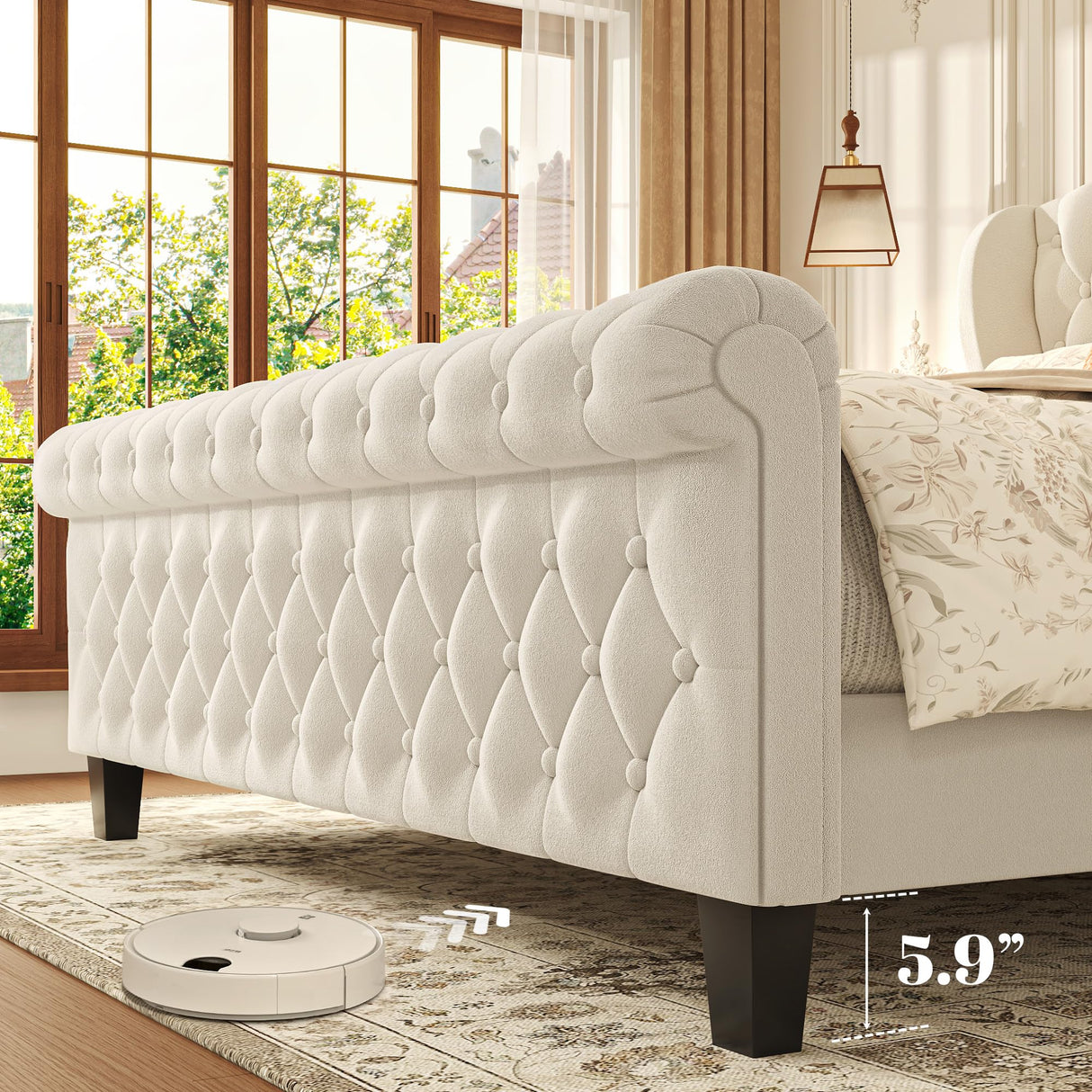 Queen Velvet Upholstered Sleigh Bed Frame with Wingback Headboard