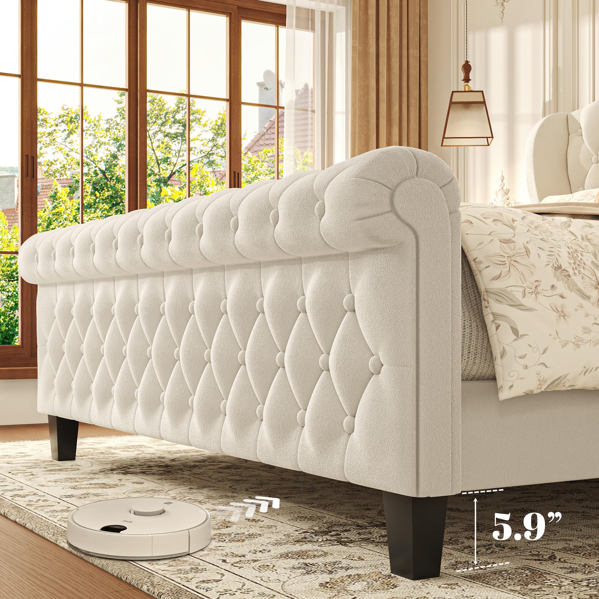 Queen Velvet Upholstered Sleigh Bed Frame with Wingback Headboard