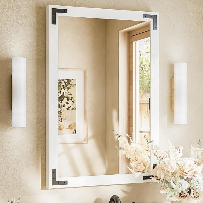 Brown Wood Framed Wall Mirror for Bathroom