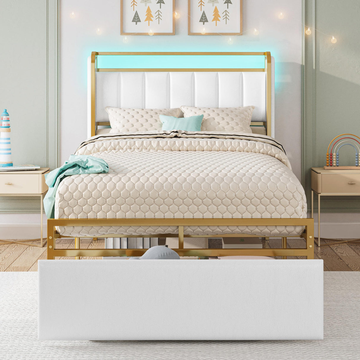 Twin Size Bed Frame with Armrests Headboard & RGB Light, Upholstered Twin Size