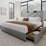 Upholstered Full Size Bed Frame with 4 Storage Drawers, Platform Bed Frame with Charging Station,