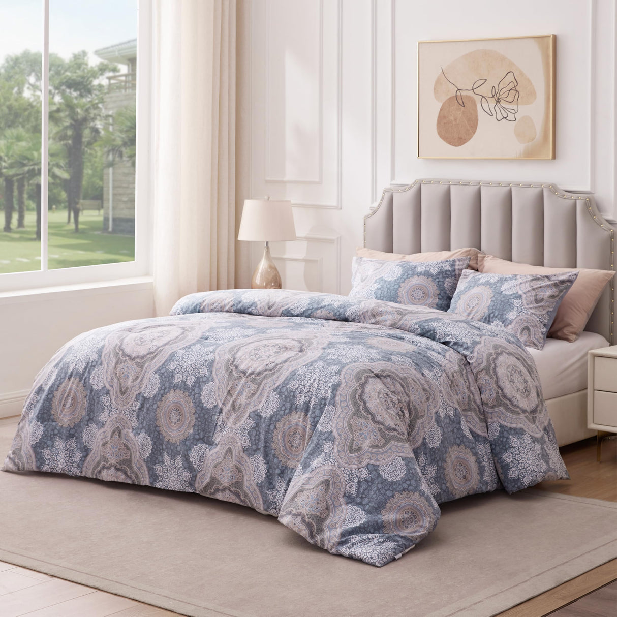 Willam Damask 3 Pieces Comforter Set Queen Size, Cotton Fabric with Microfiber Inner Fill