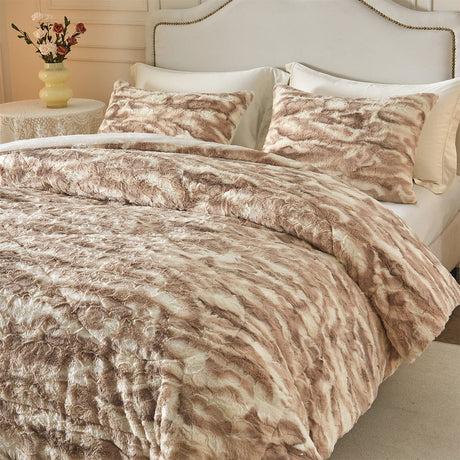 Faux Fur Comforter Set King Size, 3 Pieces Ultra Soft Marbled Beige Fluffy Comforter