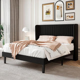 Full Size Velvet Bed Frame with Vertical Channel Tufted Wingback Headboard,