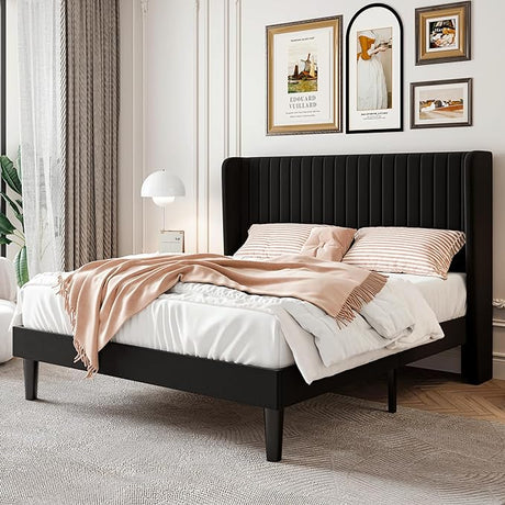 Queen Size Velvet Bed Frame with Vertical Channel Tufted Wingback Headboard,