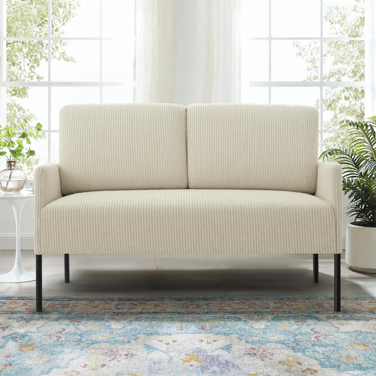 44" W Beige Loveseat Sofa Chair, 2-Seater Modern Corduroy Couch with Pillows