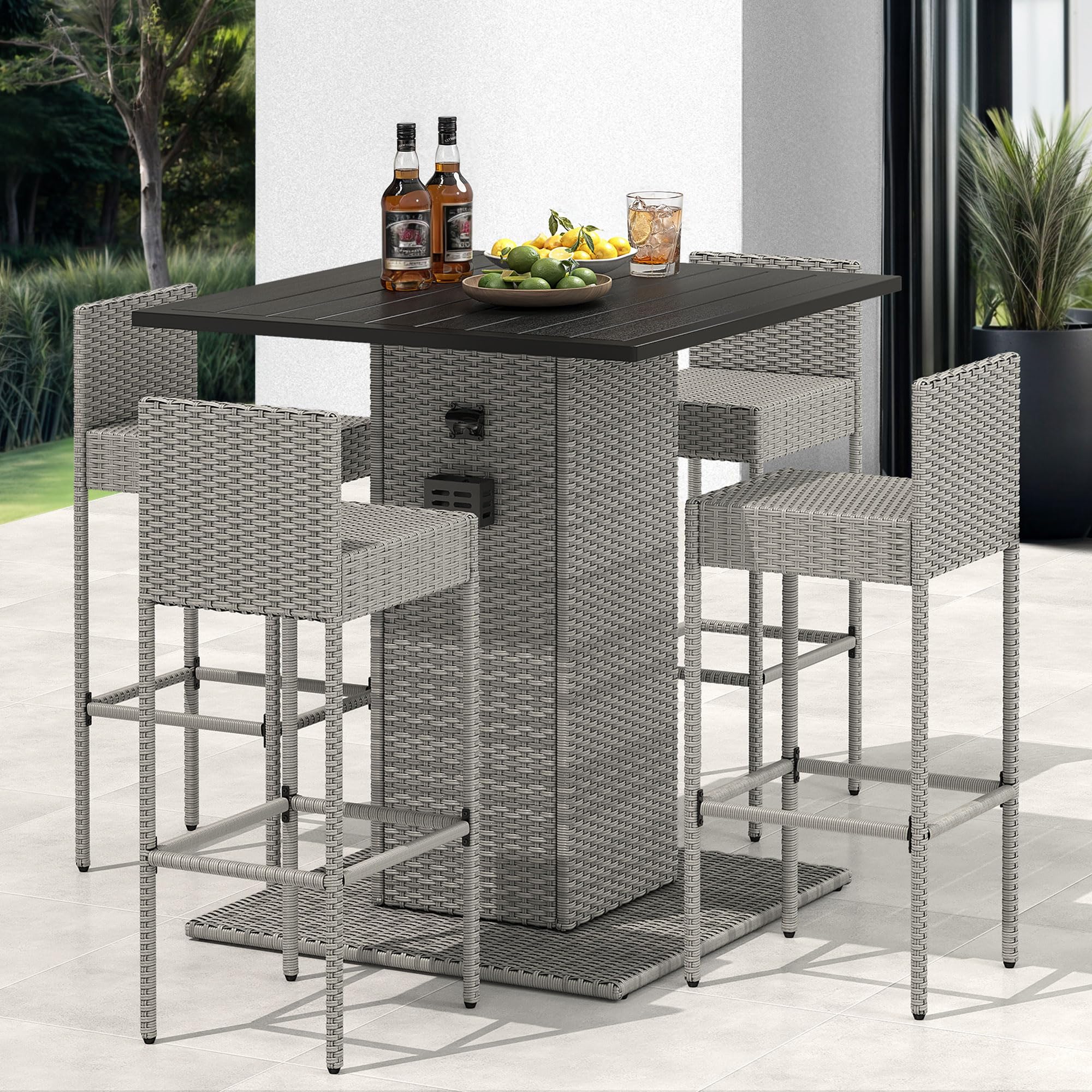 5-Piece Outdoor Furniture Wicker Bar Set with Built-in Bottle Opener