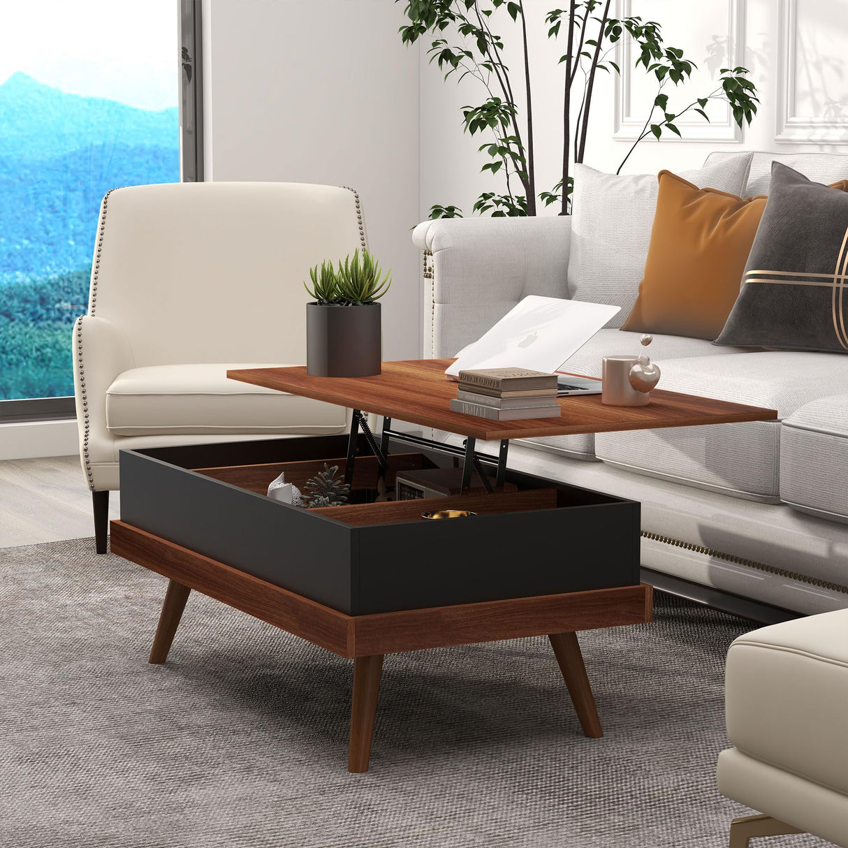 Lift Top Coffee Table with Hidden Compartment, 39.25" Wooden Center Table