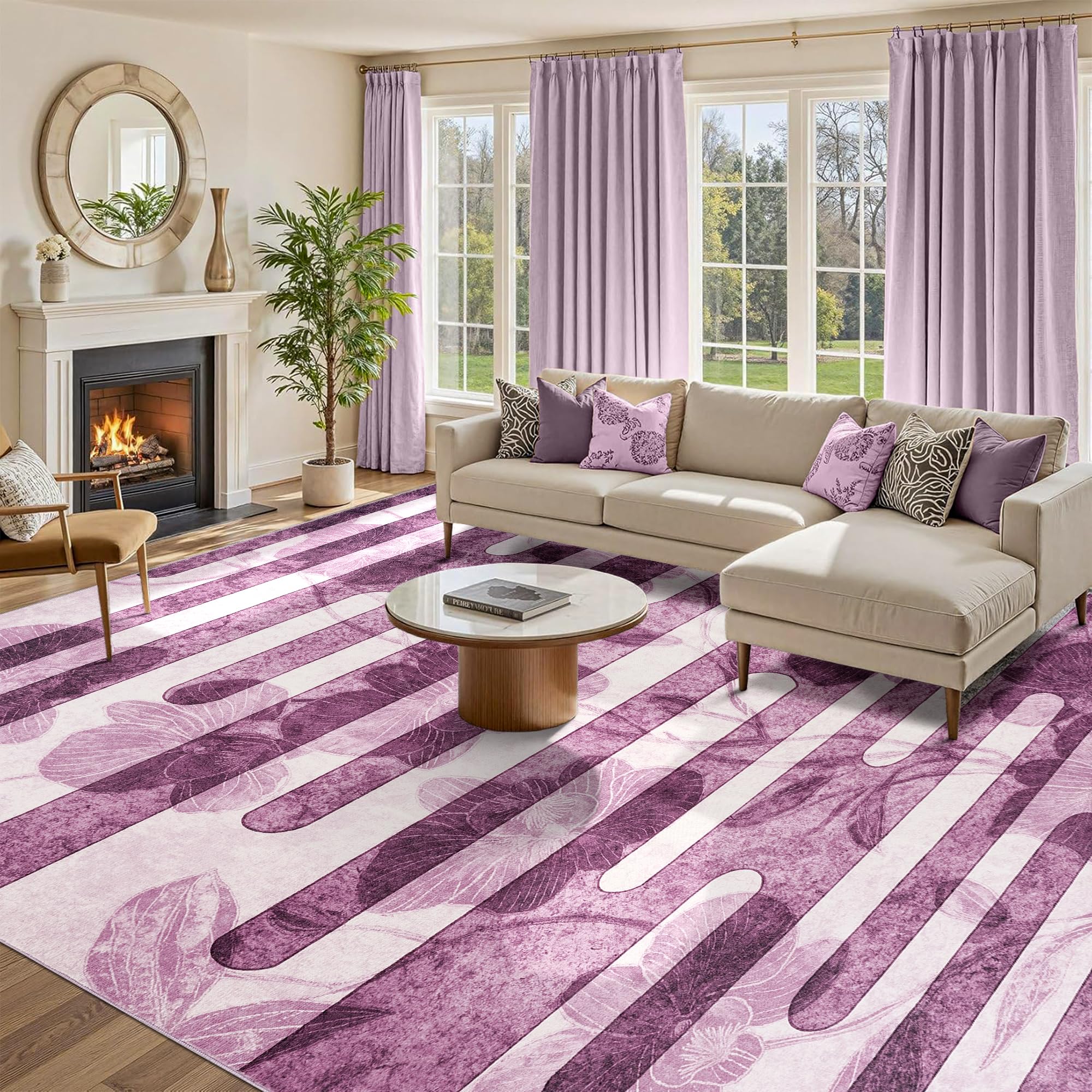 DSKOGYEM Abstract Modern Area Rug, Washable 10x14 Area Rugs with Non-Slip Backing, Ultra Thin Soft Wave Striped Rug for Living Room, Bedroom, Dining Room, Nursery (Purple/White)