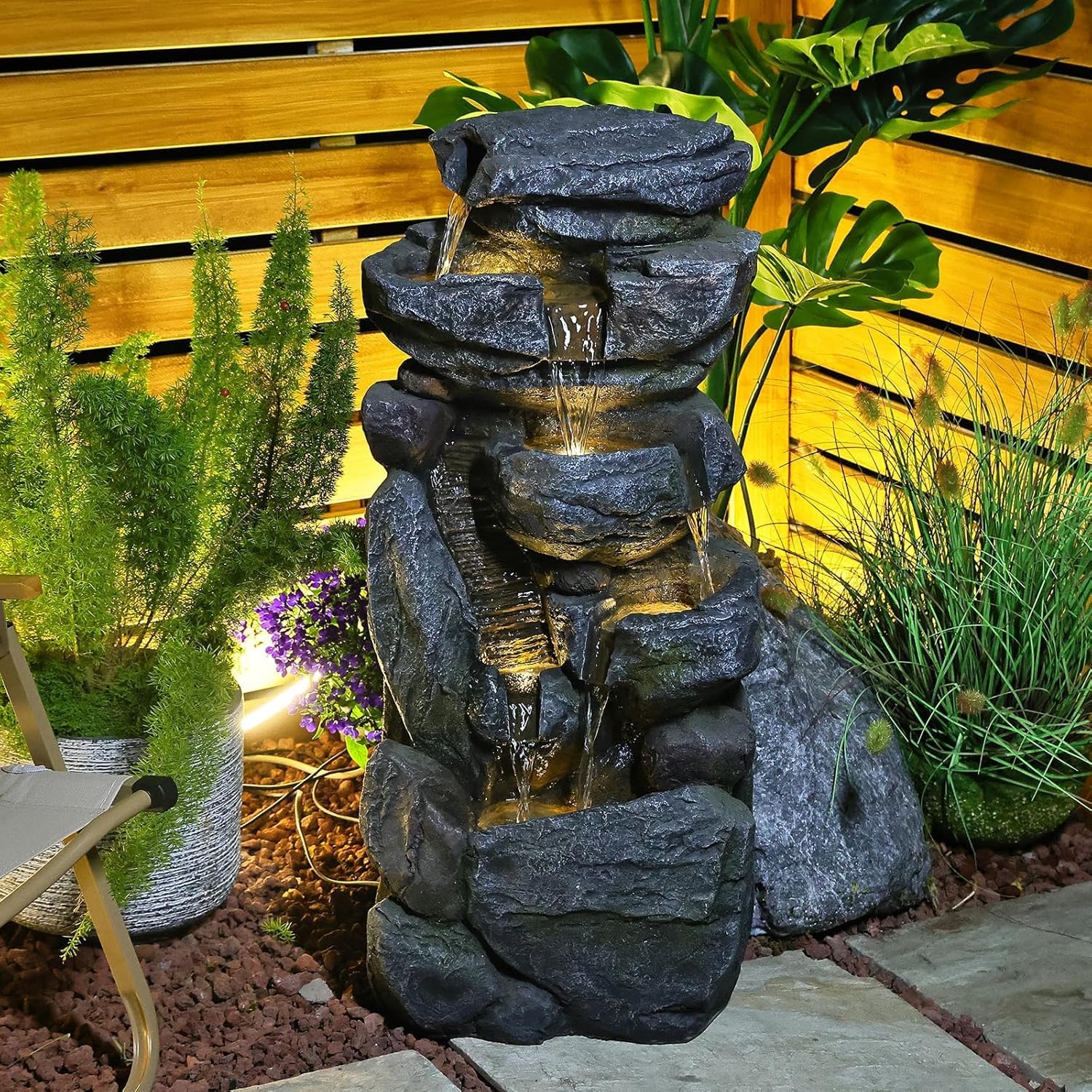 31.5" H Cascading Water Fountain Outdoor Garden Fountains with Light 5-Tier Rock