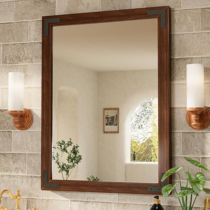 Brown Wood Framed Wall Mirror for Bathroom
