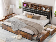 King Size Bed Frame with 4 Storage Drawers and Charging Station