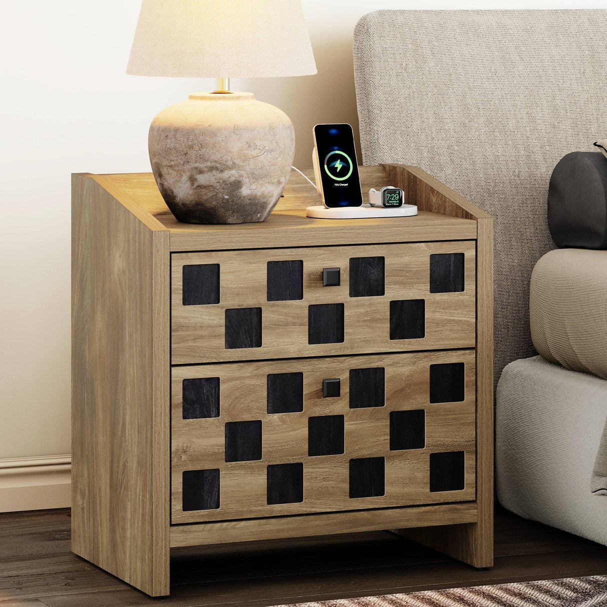 Wide Night Stand with Charging Station and USB-C Port, 24" Large Wood Nightstand