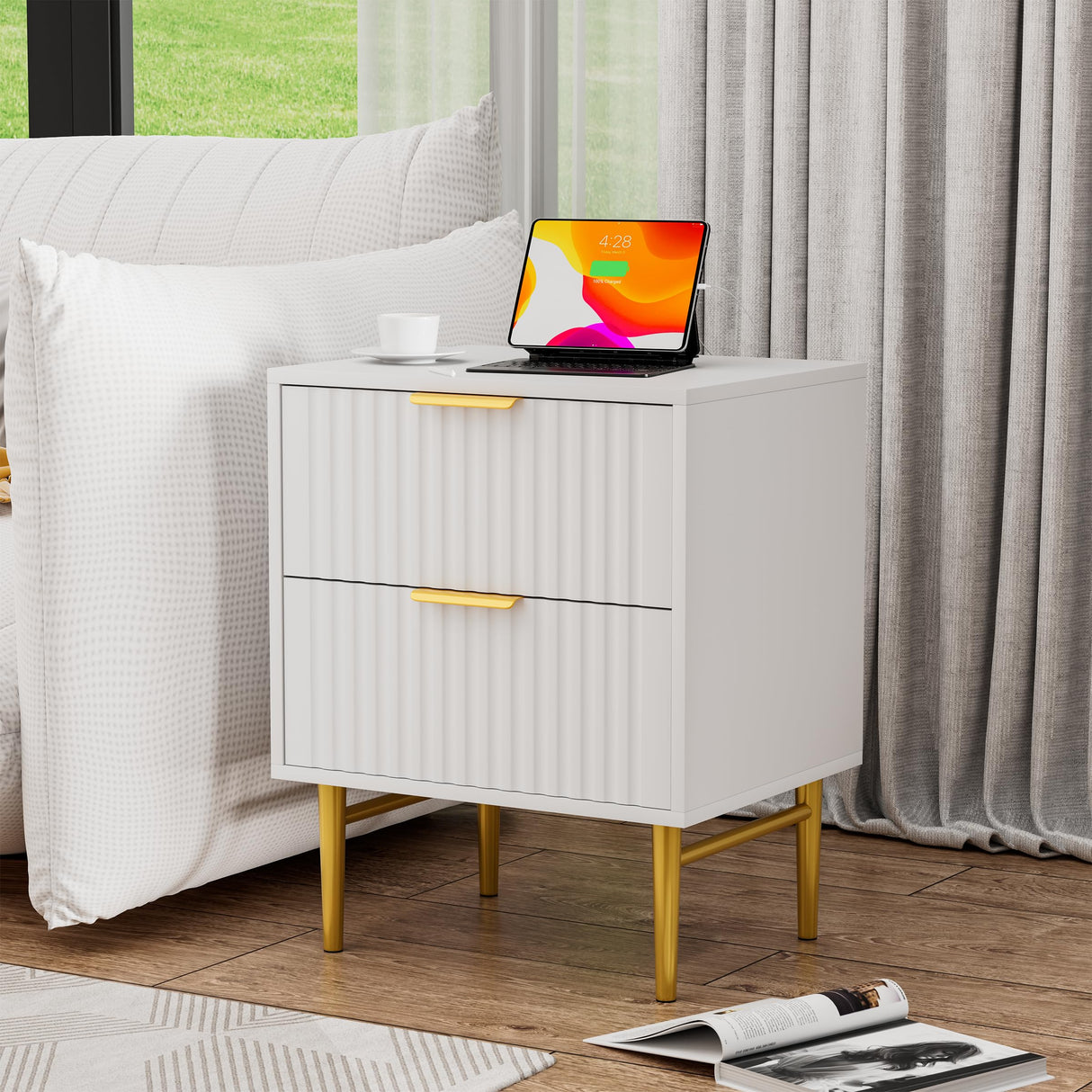 Nightstands Set of 2, End Tables with Charging Station, Wood Side Tables with 2 Drawers, Bedside Tables with USB Ports and Outlets, Modern Storage Cabinet, Night Stands for Bedroom (2, White)