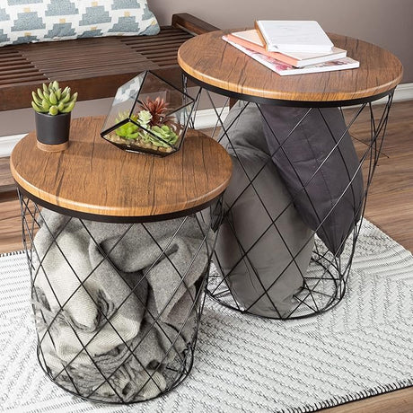 End Tables Set of 2 - Nesting Tables with Removable Wood Tops and Metal Basket Bases