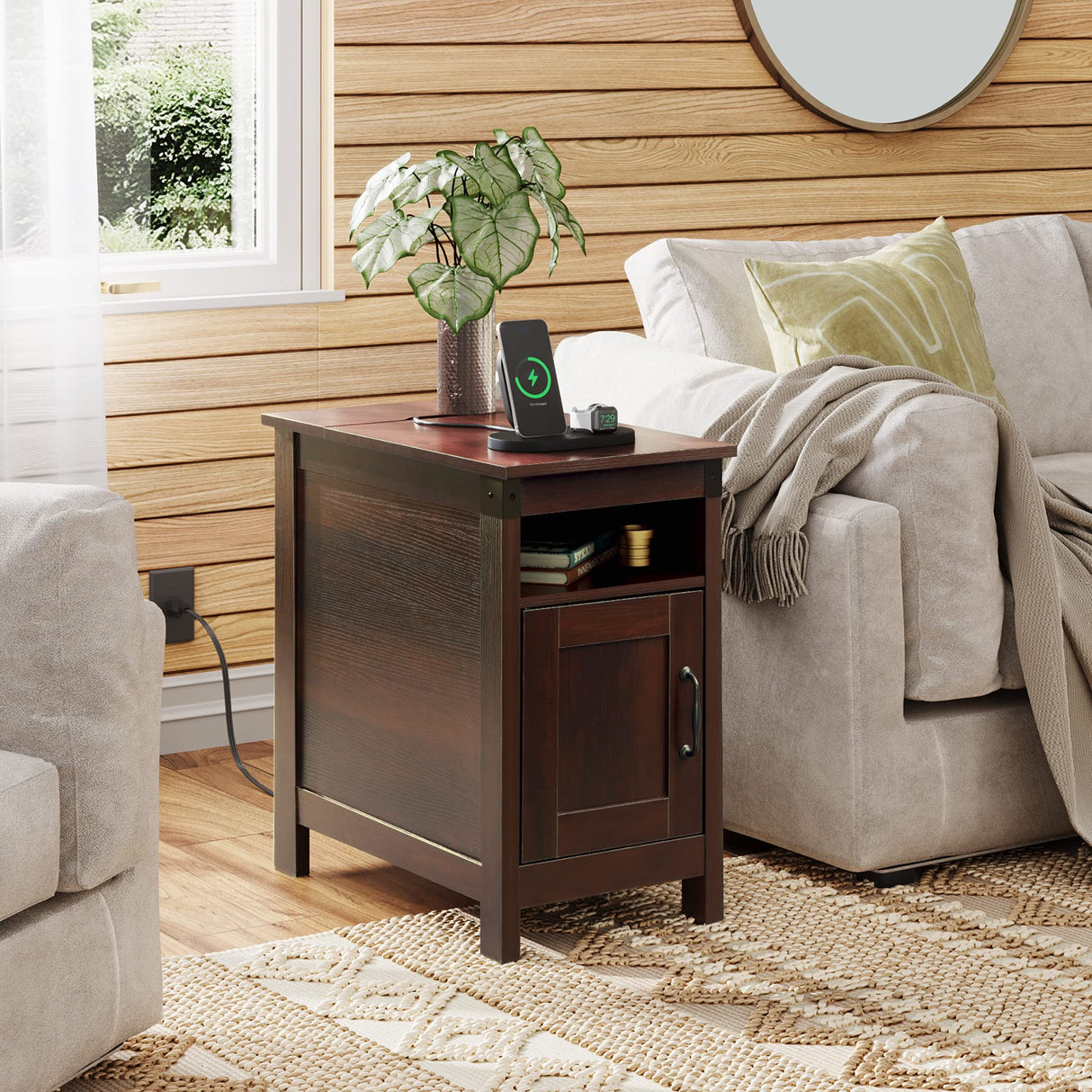 Narrow End Table with Charging Station, Narrow Side Table for Living Room