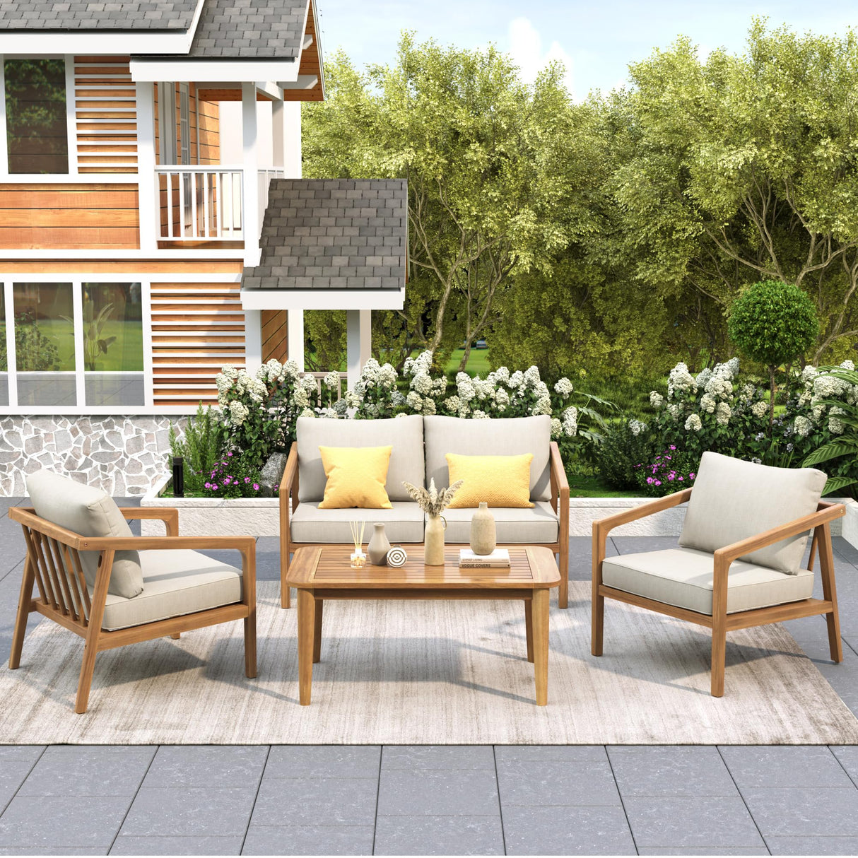 Dena Patio 4-Piece Conversation Set, Outdoor 4-Seater Acacia Wood Sofa Chat Set