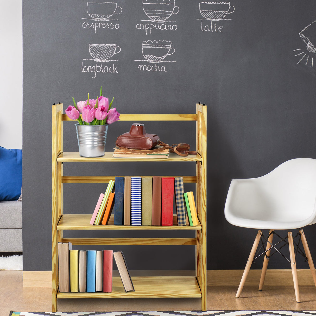 3-Shelf Folding Stackable Bookcase (27.5" Wide)-Natural