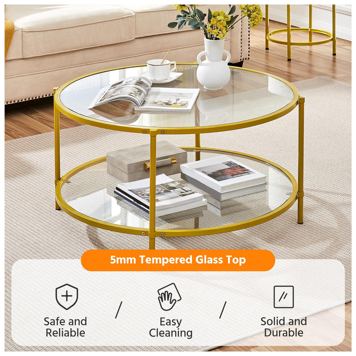 36" Round Coffee Table, Glass Coffee Table with Storage Shelf