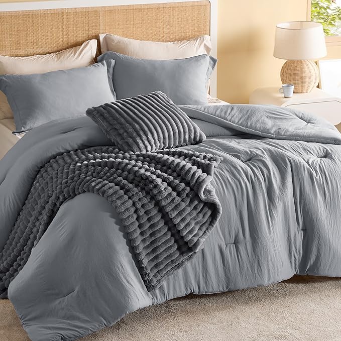 Comforter Queen Size 5 Pieces - Queen Size Comforter Set with Checkered Throw