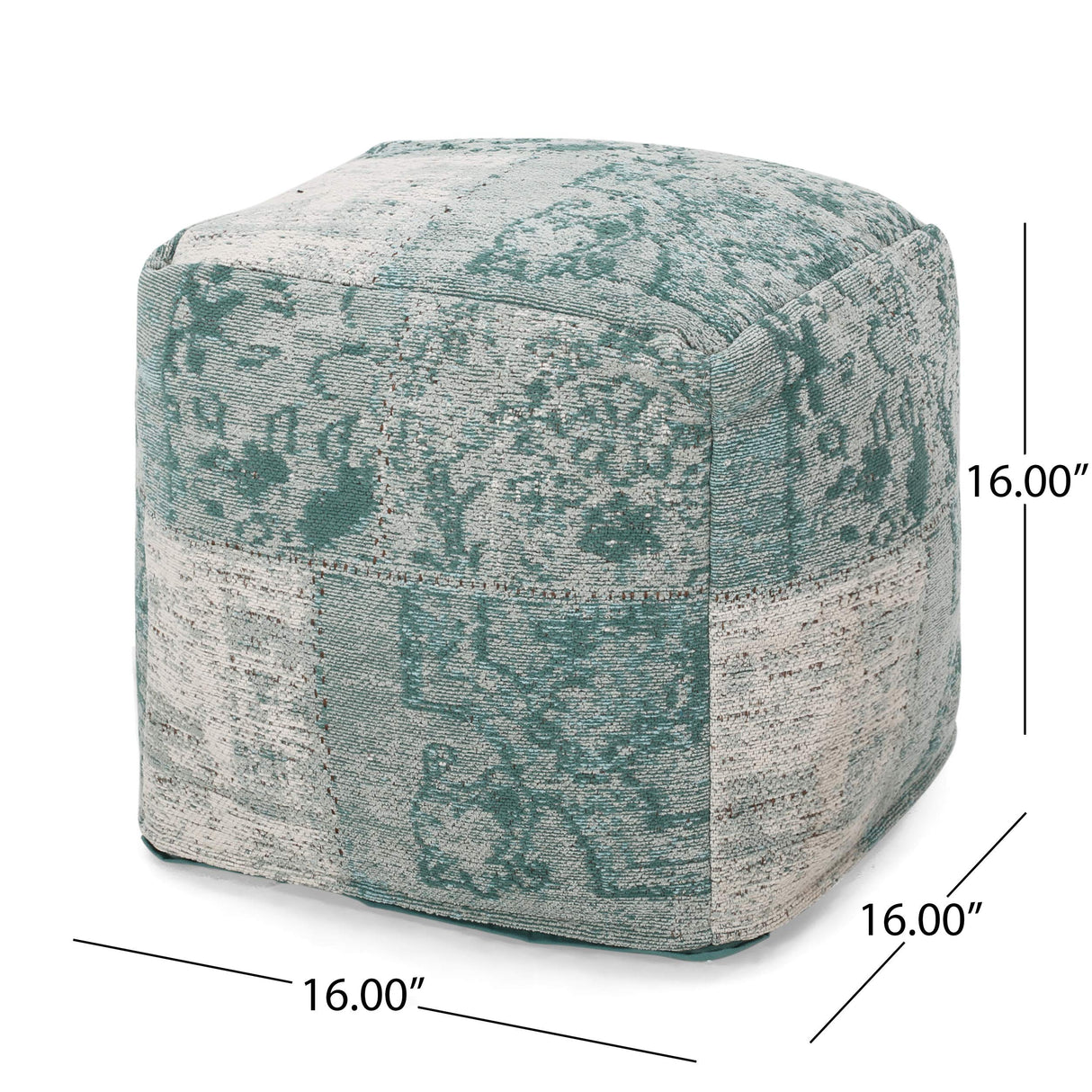 Hannah Hand-Loomed Boho Fabric Cube Pouf, Teal, Beige