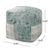 Hannah Hand-Loomed Boho Fabric Cube Pouf, Teal, Beige