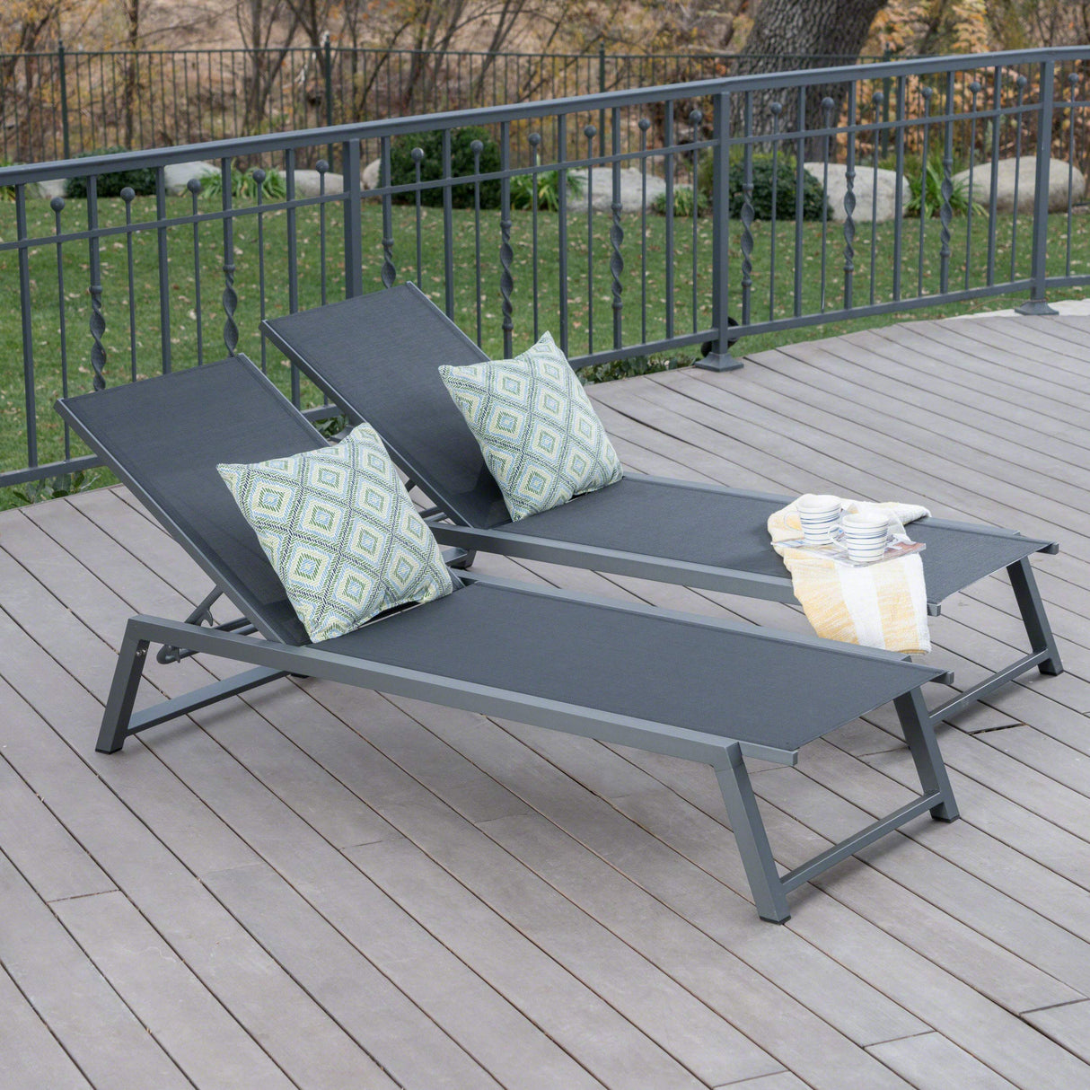 Myers Outdoor Mesh Chaise Lounges with Aluminum Frame, 2-Pcs Set, Black Mesh / Grey