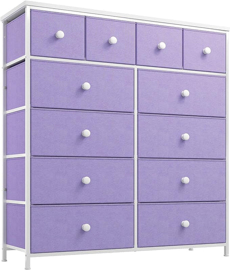 Purple Dresser, Dresser for Bedroom with 12 Drawers, Tall Dresser with Wooden Top and Metal Frame