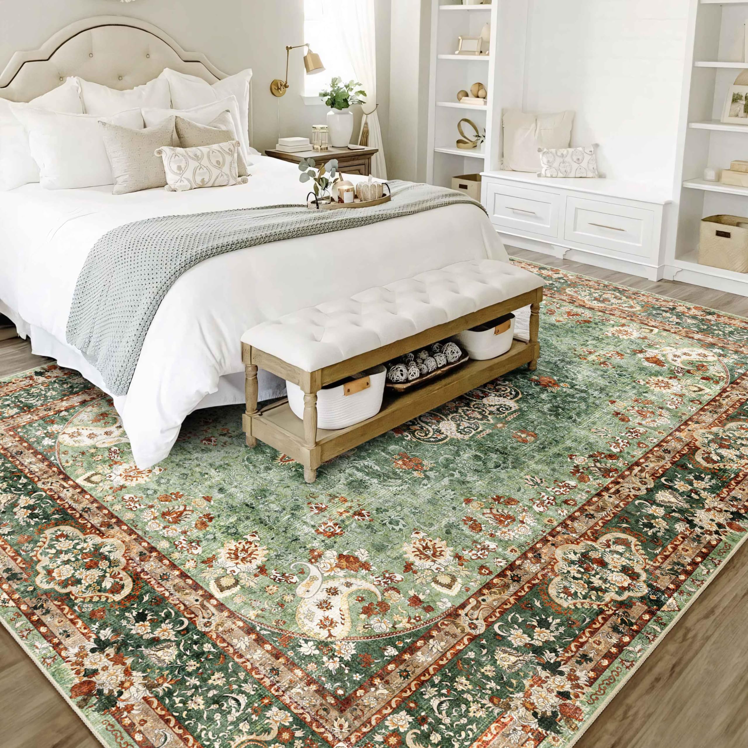 8x10 Area Rugs Washable,Green Rug for Living Room Bedroom Dining Room,Large Boho