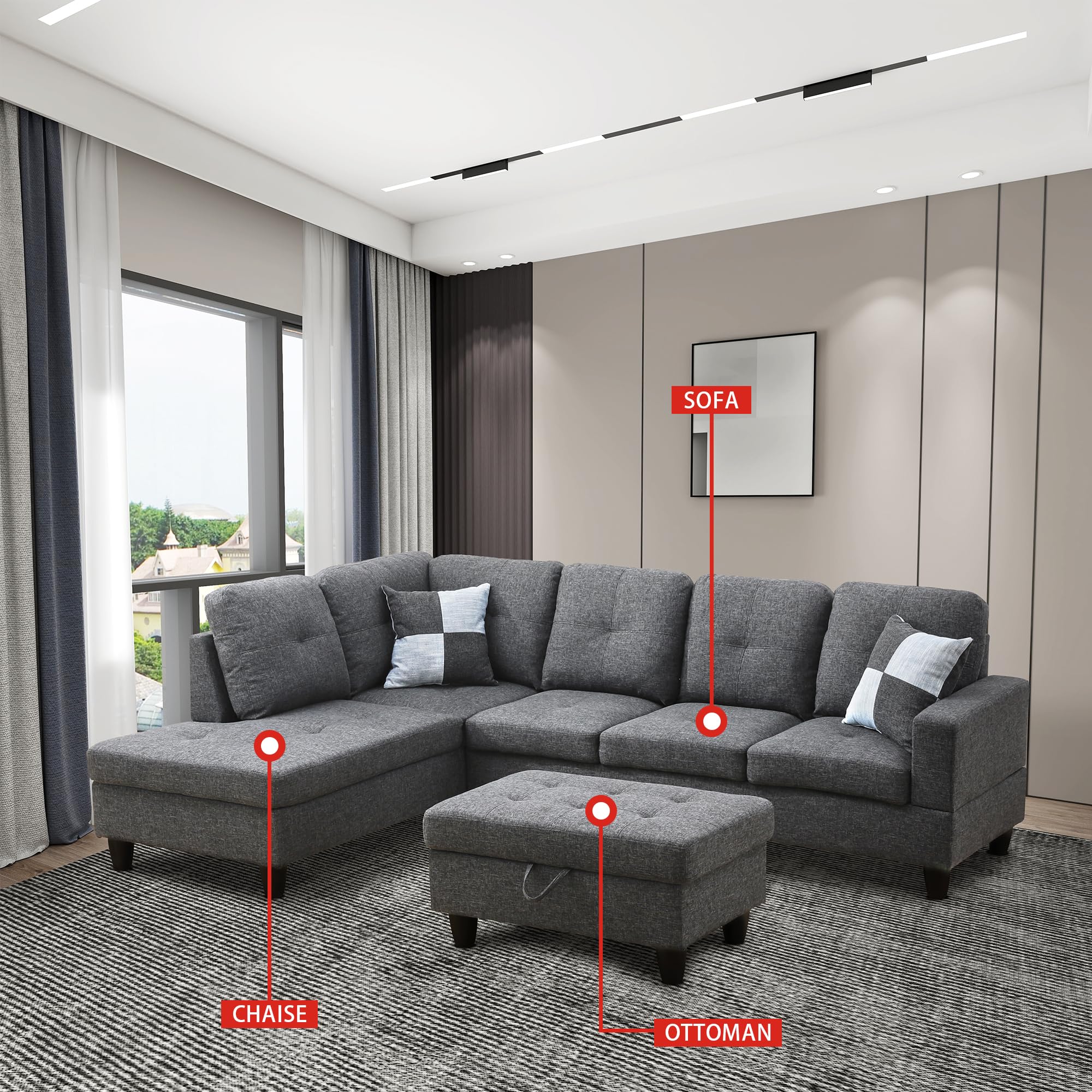 3-Piece L Shape Sectional Sofa, with Right Chaise, Storage Ottoman