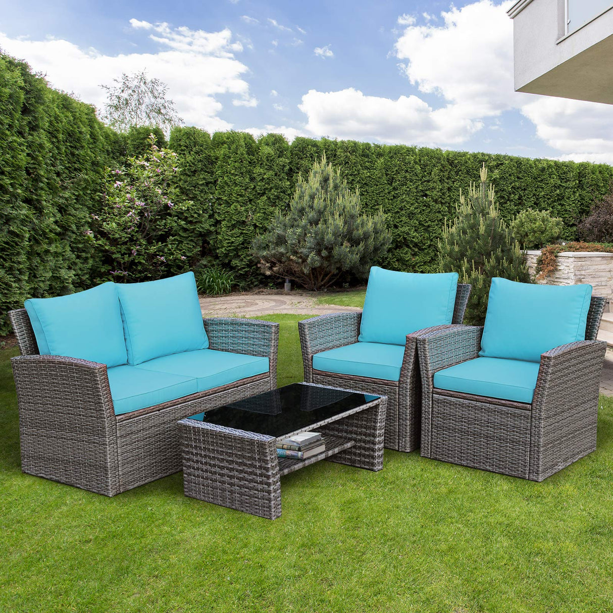 4 Pieces Patio Furniture Set, All Weather Outdoor Sectional Rattan Sofa Set