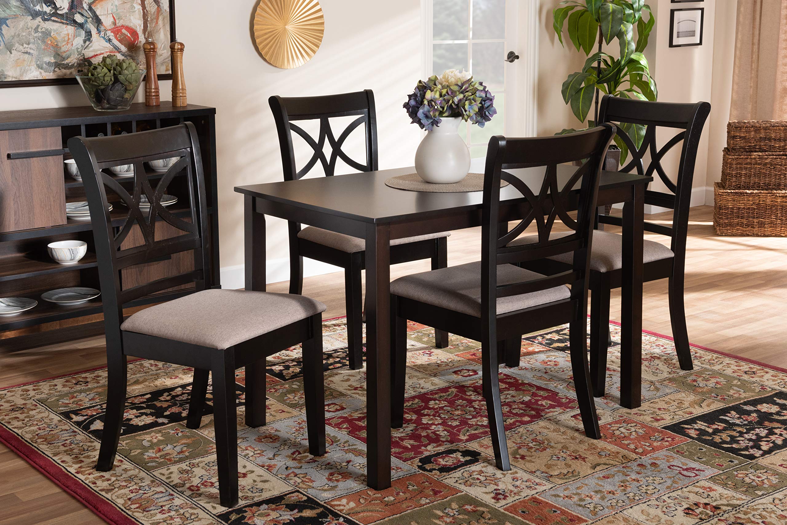 Set and Dining Set Sand Fabric Upholstered and Espresso Brown Finished Wood 5-Piece