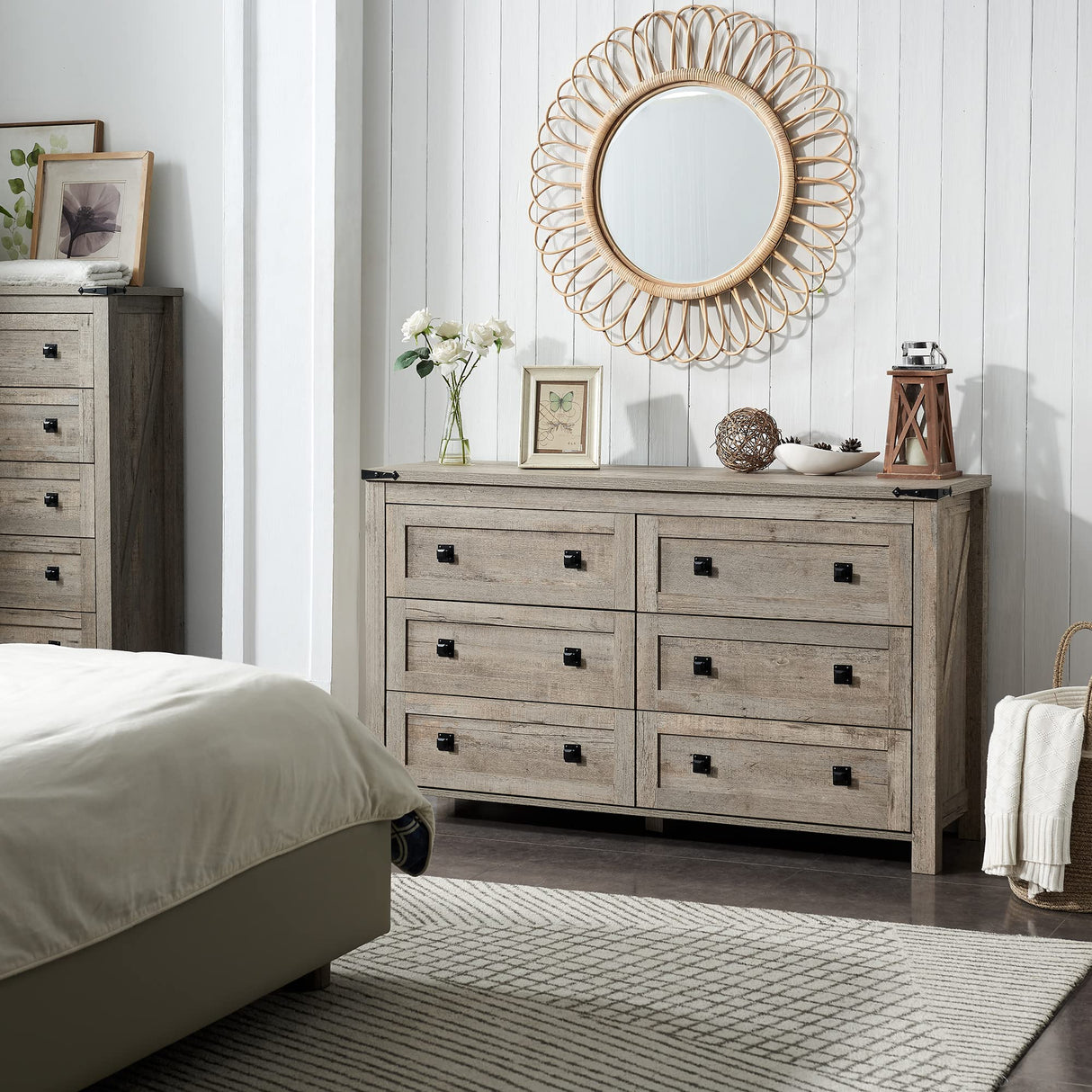 Farmhouse 6 Drawers Dresser for Bedroom, Wood Rustic Wide Chest of Drawers