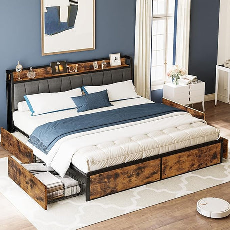 Queen Bed Frame with 4 Storage Drawers, Platform Bed with Charged Headboard, Sturdy