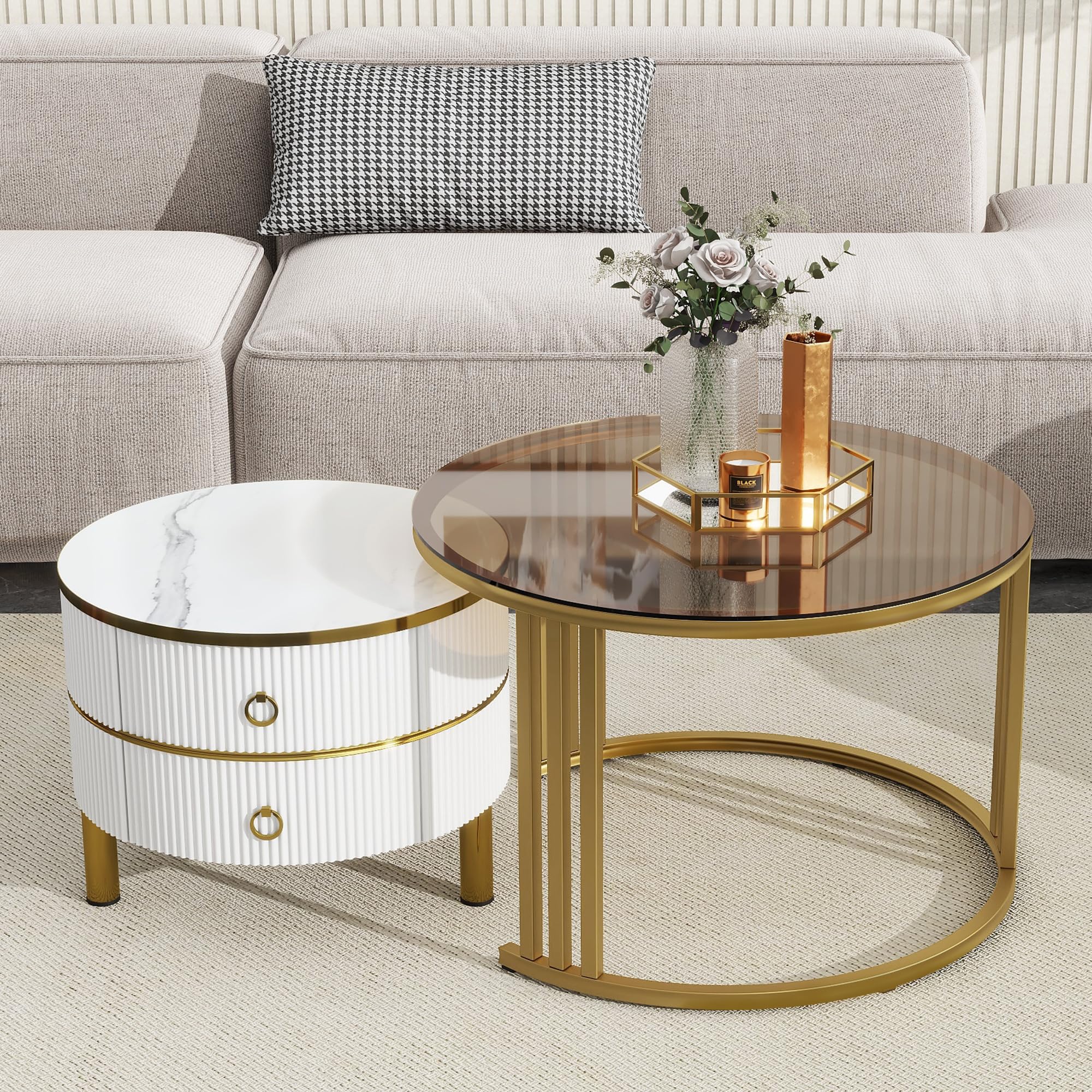 Stackable Coffee Table with 2 Drawers Modern Nesting Tables
