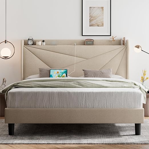 King Size Bed Frame, Modern Bed Frame with Charging Station, Wingback Storage