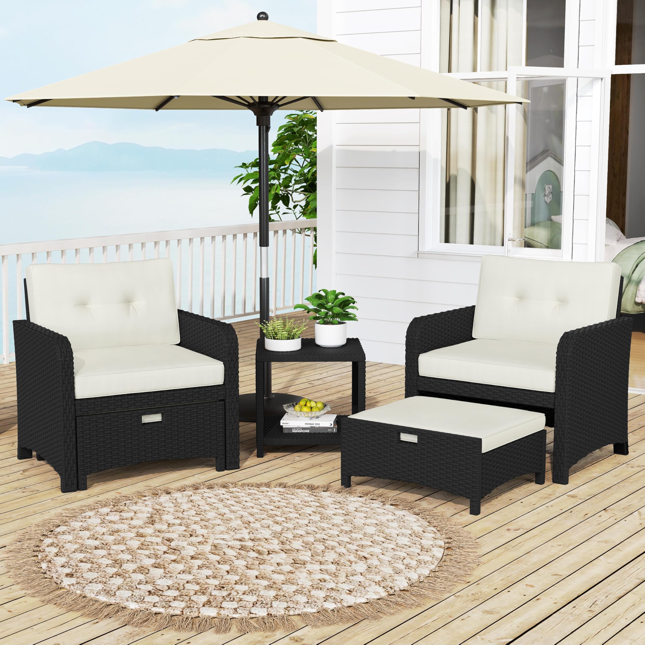 5 Piece Patio Conversation Set with Ottomans, PE Wicker Balcony Furniture