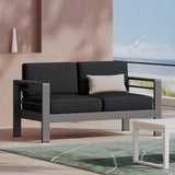 Cape Coral Outdoor Modern Fabric Patio Aluminum Loveseat Sofa, Gray/Dark Gray
