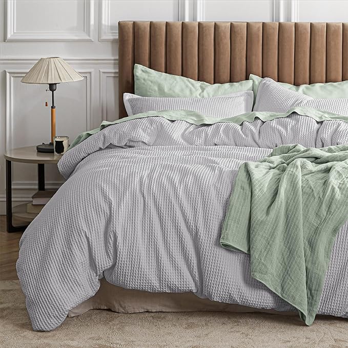 Waffle Comforter Set King, Beige Soft Cotton Bedding, Waffle Weave Bed Set