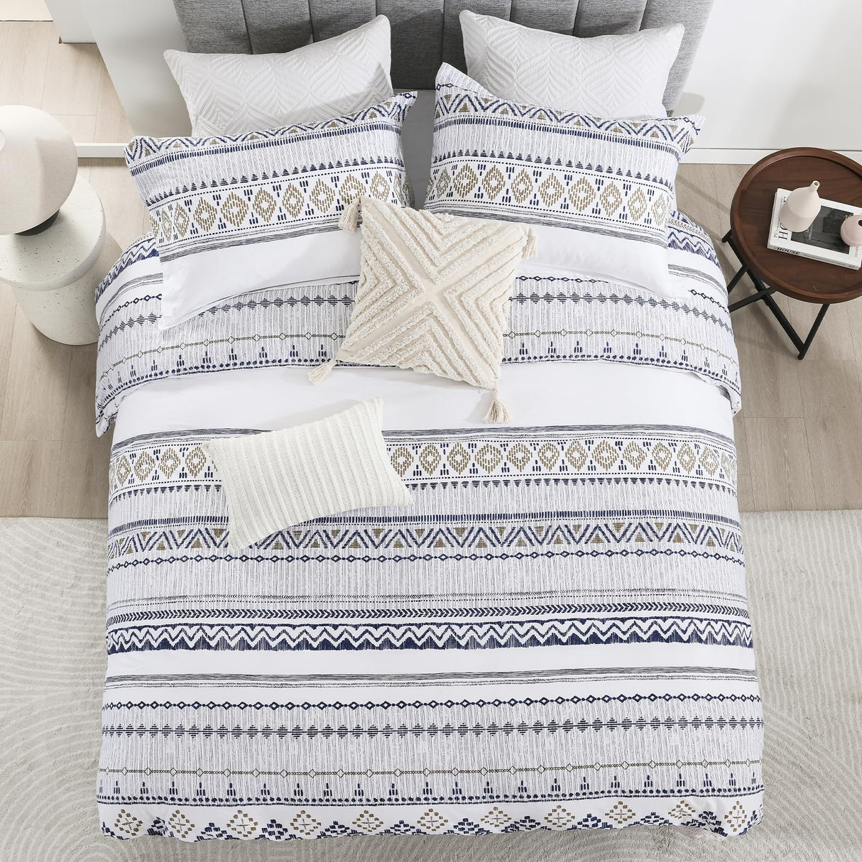 Boho Duvet Cover King Size - 100% Cotton Soft Boho Aztec White Navy Blue Beige Duvet Cover