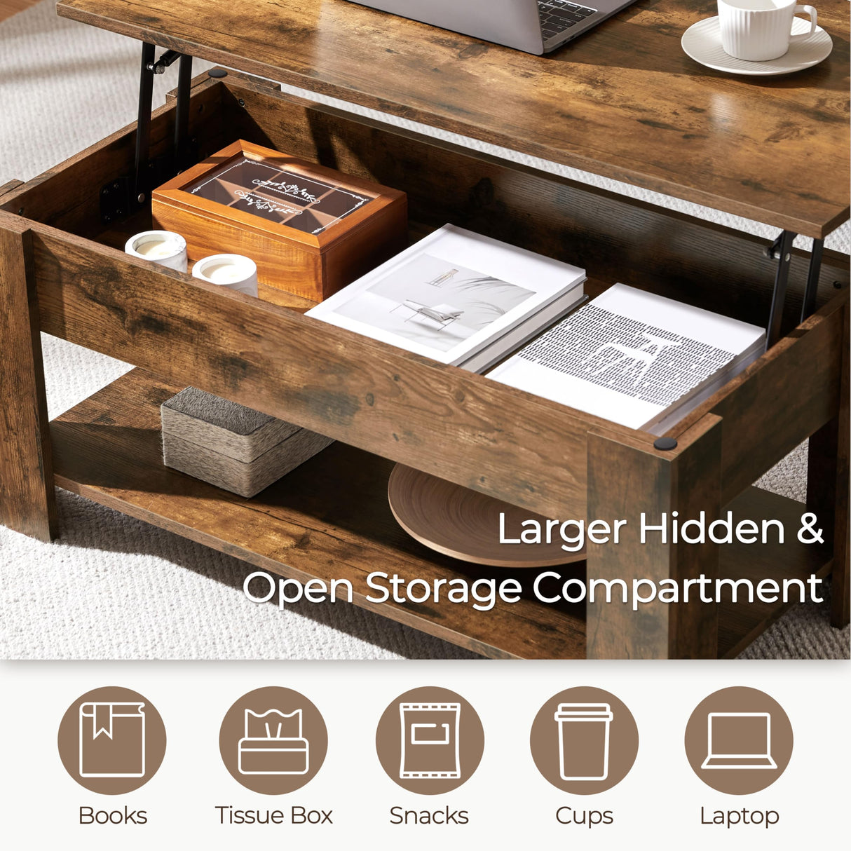 Vintage Coffee Table, Lift Top Coffee Table with Large Hidden Storage Shelf