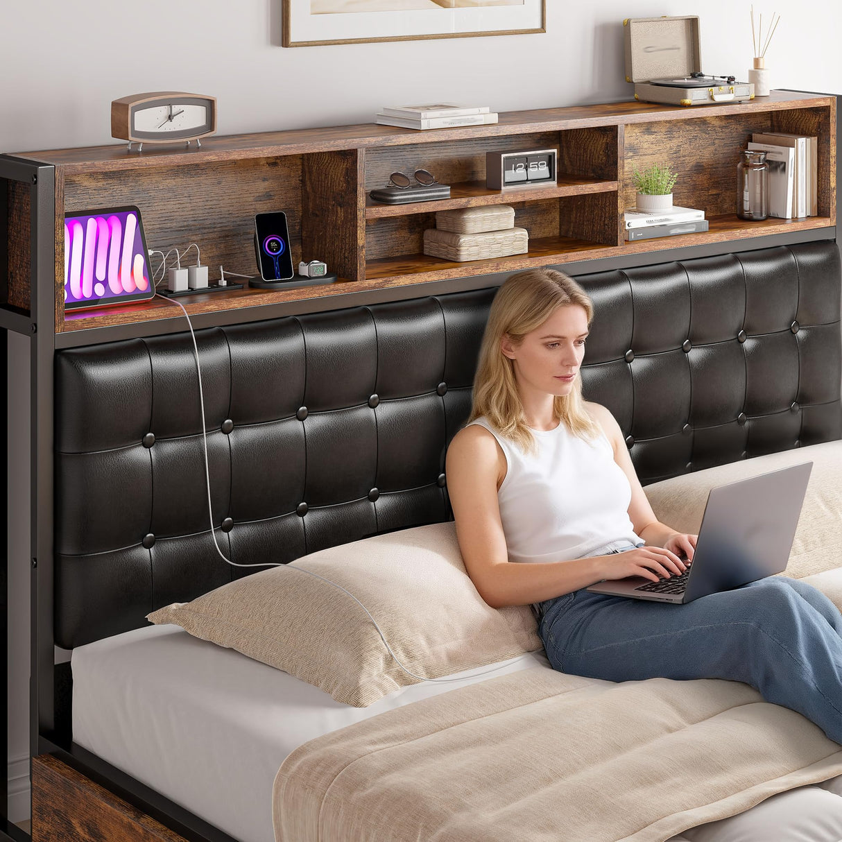 King Size Bed Frame with 4 Storage Drawers and Charging Station